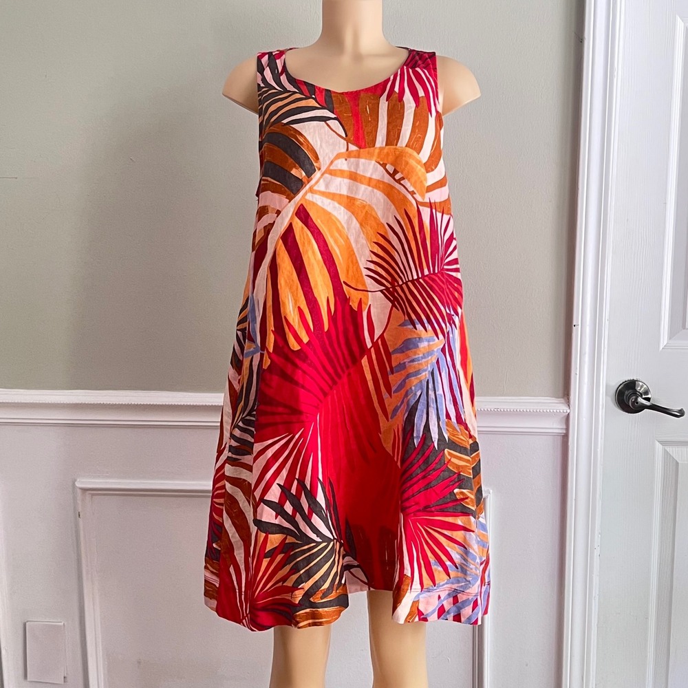 Linen Shift Dress Womens M C&C California‎ Tropical Palm Linen Red Orange Summer